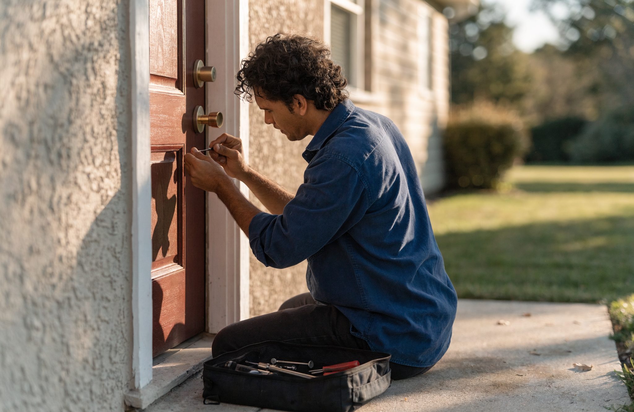 Locksmith kneeling at the front door of a Fort Smith home, working on the deadbolt