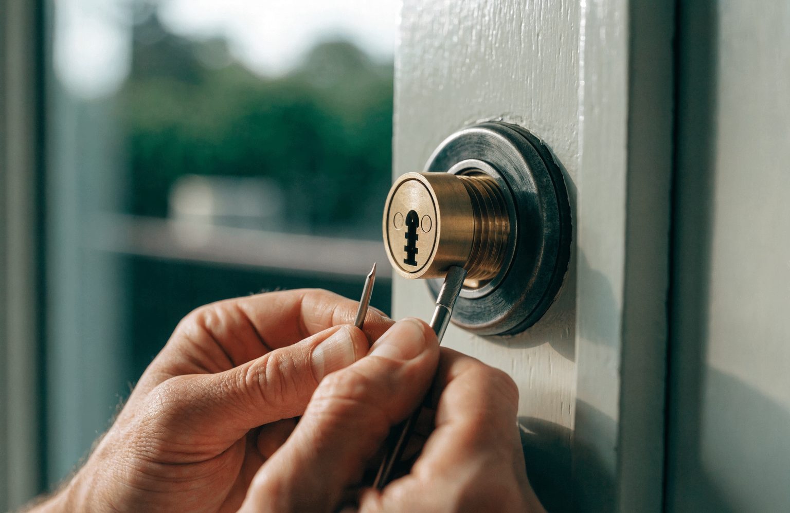 Close view of a locksmith picking a brass deadbolt cylinder on a wooden front door