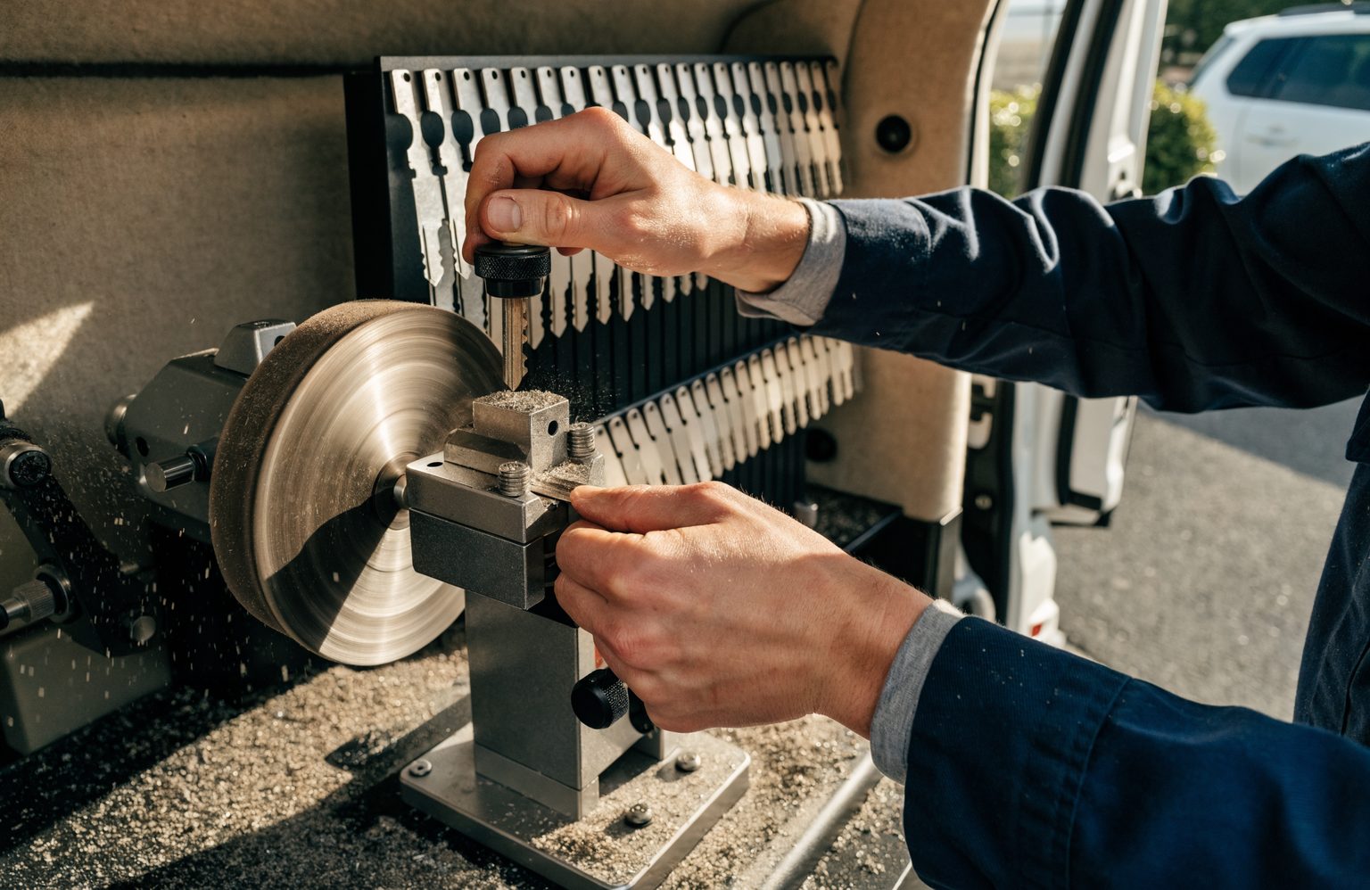 Replacement car key being cut on a key machine in the back of a mobile locksmith van