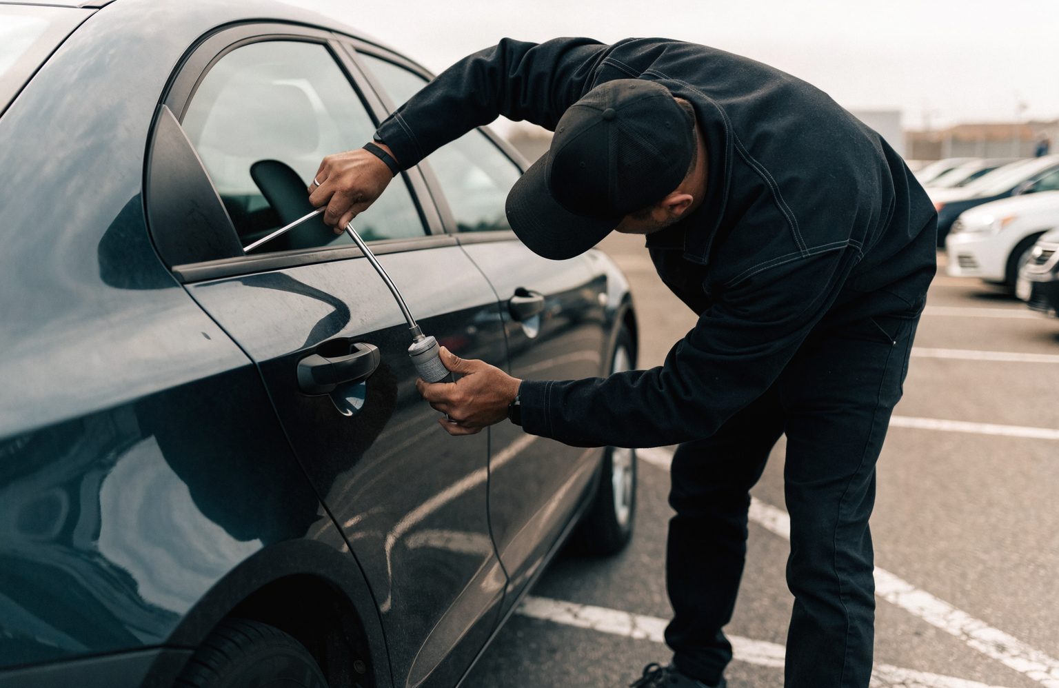 Locksmith opening a locked car door with an air wedge and long reach tool