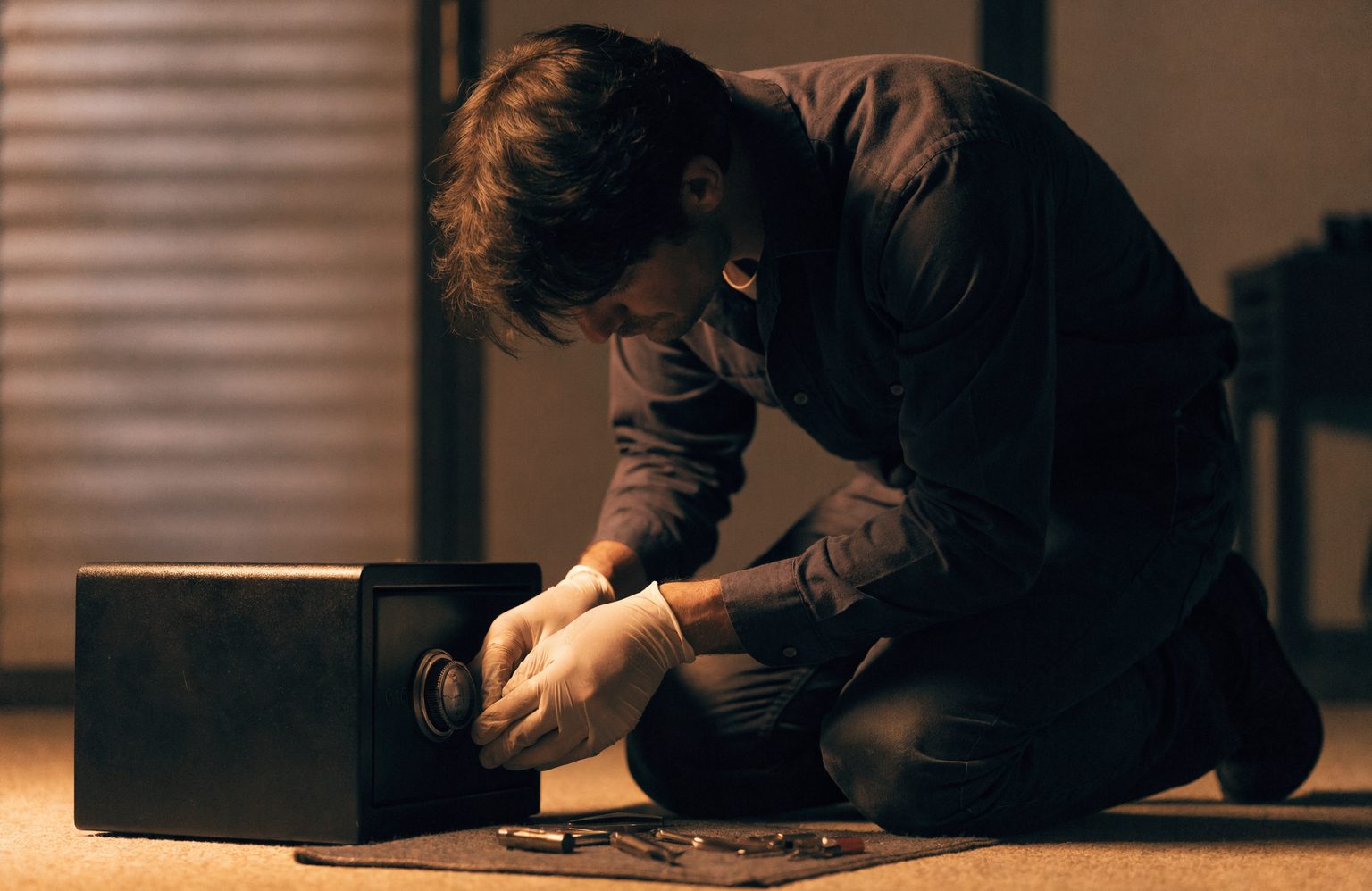 Locksmith working the dial of a small office safe to open it without damage