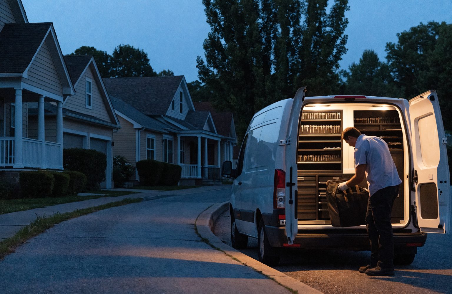 Mobile locksmith van parked at the kerb at dusk with its tool and key cabinet lit inside